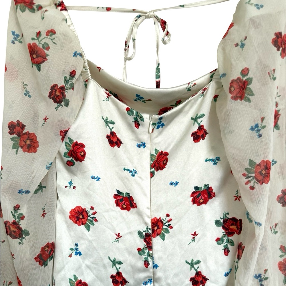 WeWoreWhat Dress 6 White Red Long Sleeve Roses Floral Puff Sleeve Cowl - Picture 11 of 14